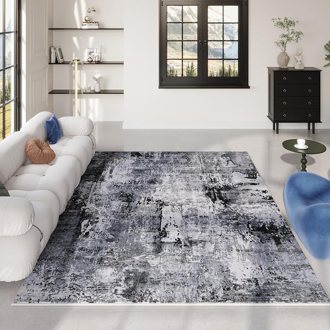 Rugcomf 4x6 Rug Washable Boho Soft Area Rug Abstract Pattern Non-Slip Faux Wool