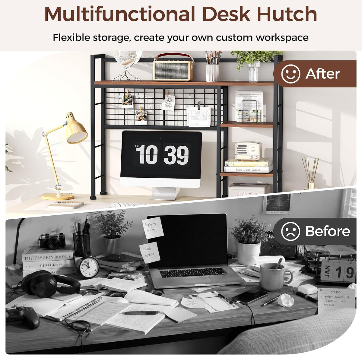 Desk Shelf,38.6" Desk Organizer Shelf,Wooden Desk Hutch for Computer Monitor,4 Tier Desk Display Rack with Pegboard Hooks Set for Home Office Dorm Storage,UXBZJ101Z