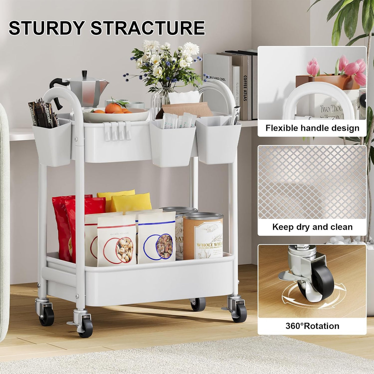 2 Tier Rolling Cart Metal with Wheels,White Under Desk Storage Roller Carts