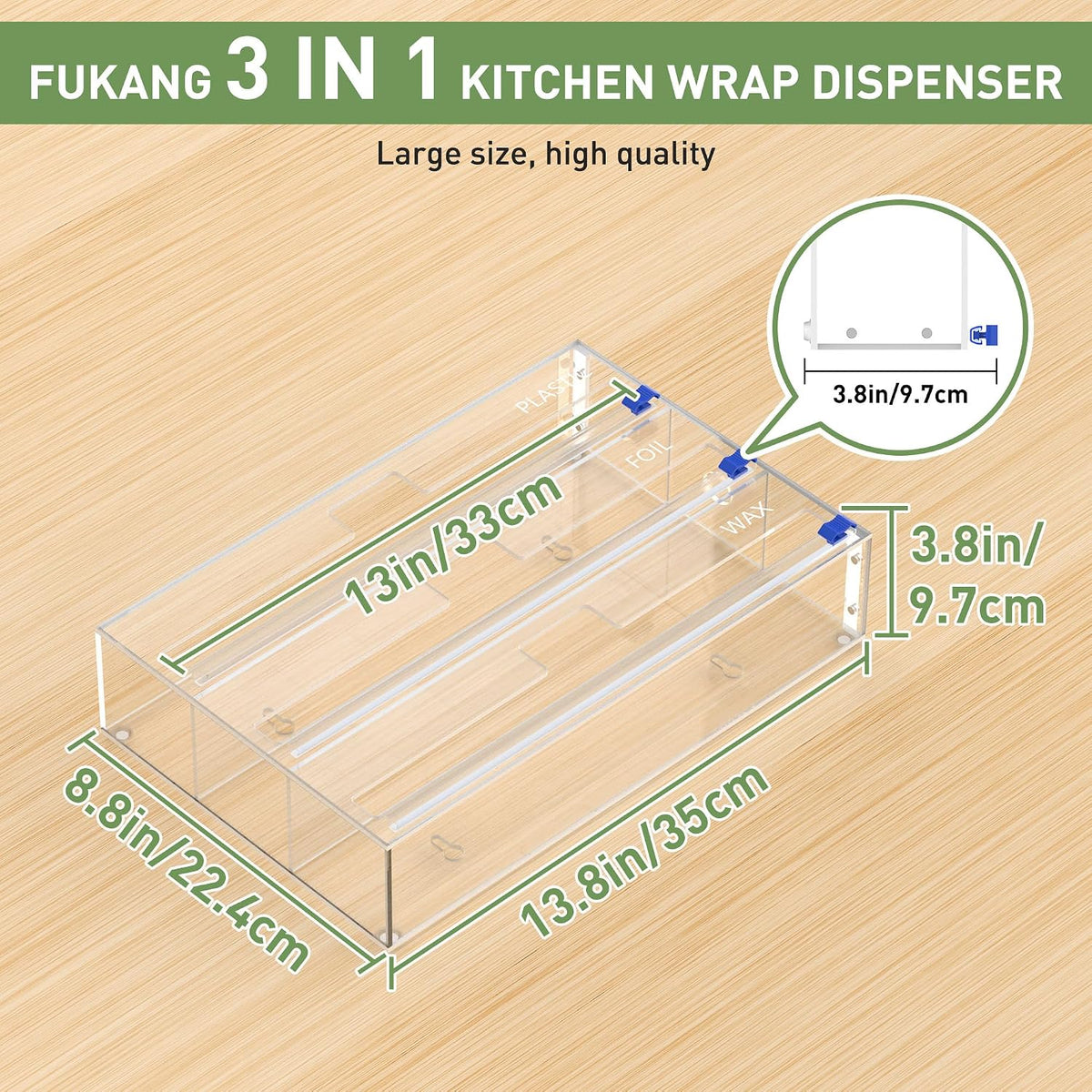 3 in 1 Clear Acrylic Foil, Plastic Wrap Organizer with Cutter