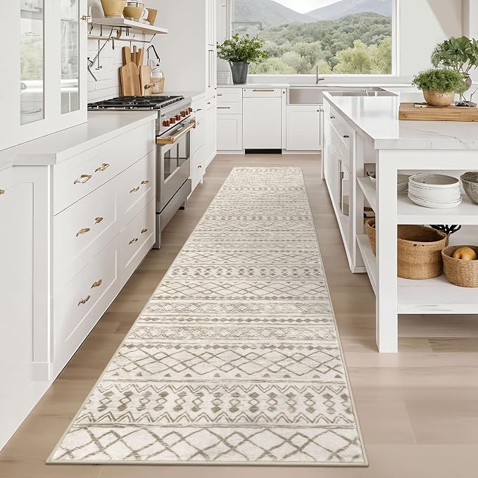 KUTA Moroccan Washable Hallway Runner Rug, 2.6x12 Non-Slip Vintage Beige Boho