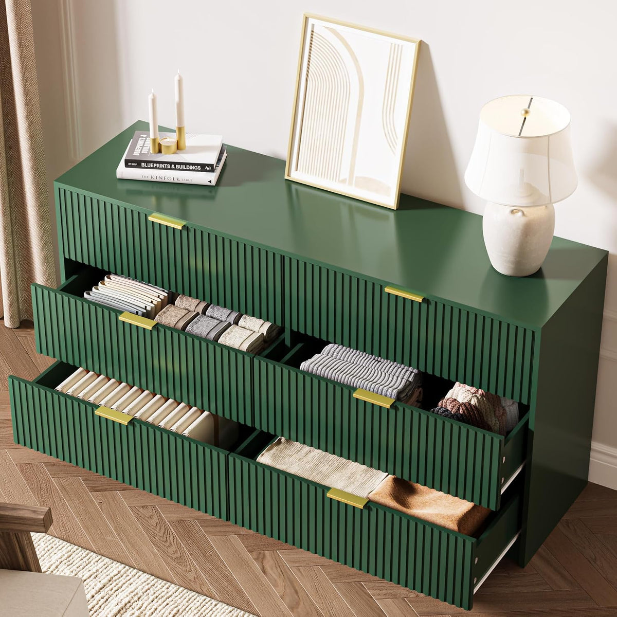 MAISONARIA 55" Wide Fluted 6-Drawer Double Dresser for Bedroom, Green