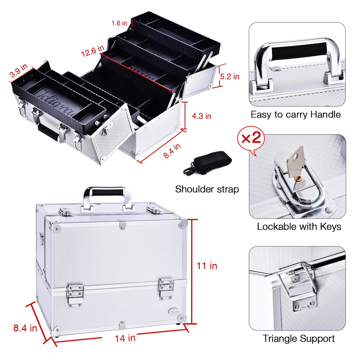 Joligrace Extra Large Makeup Train Case 6 Tray Make Up Artists Organizer Box Lockable Cosmetic Jewelry Toiletries Carrier Crafters Tool Cases with Adjustable Dividers & Shoulder Strap - Silver