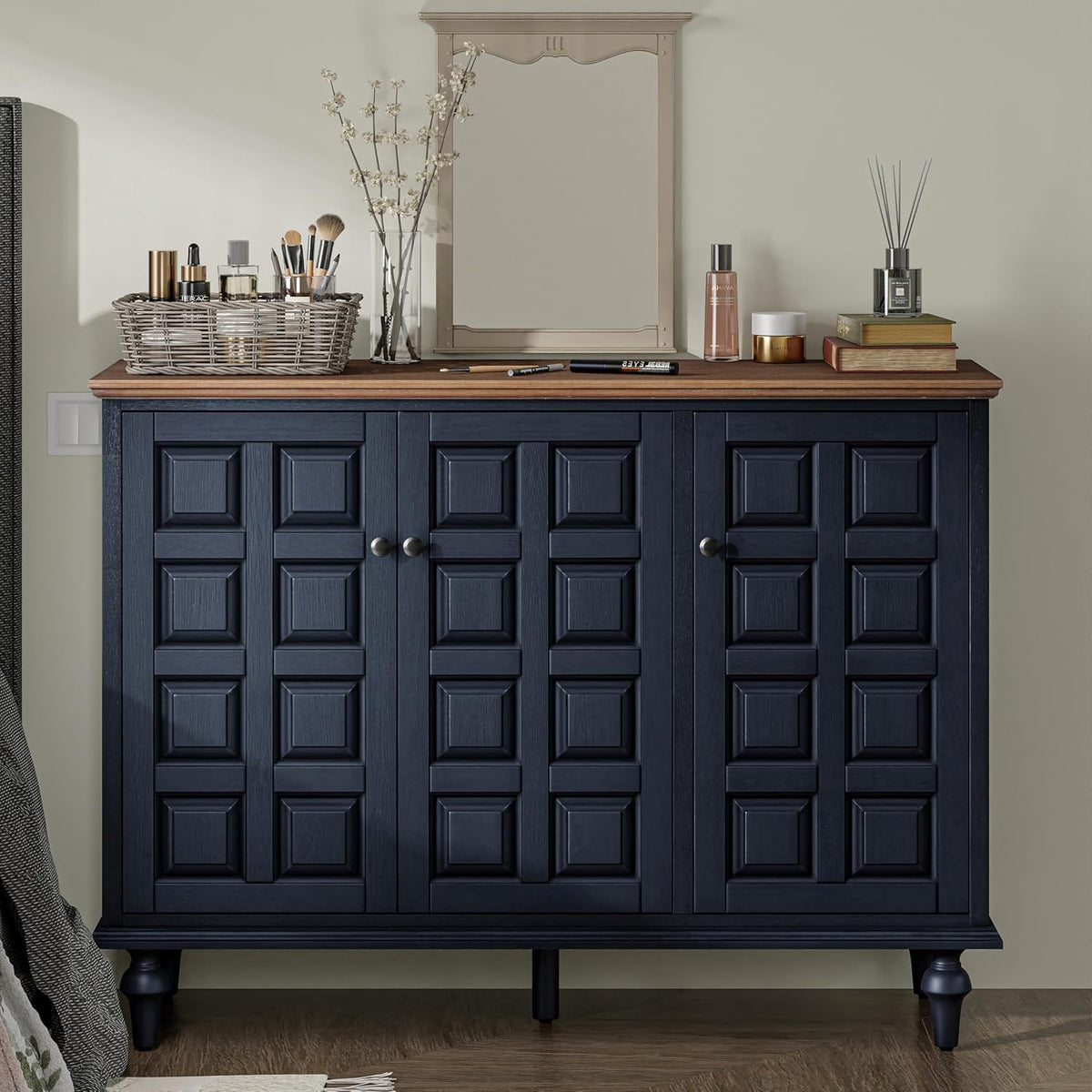 Aoikax Retro 3 Door Storage Cabinet X 2P with Plaid Pattern Front