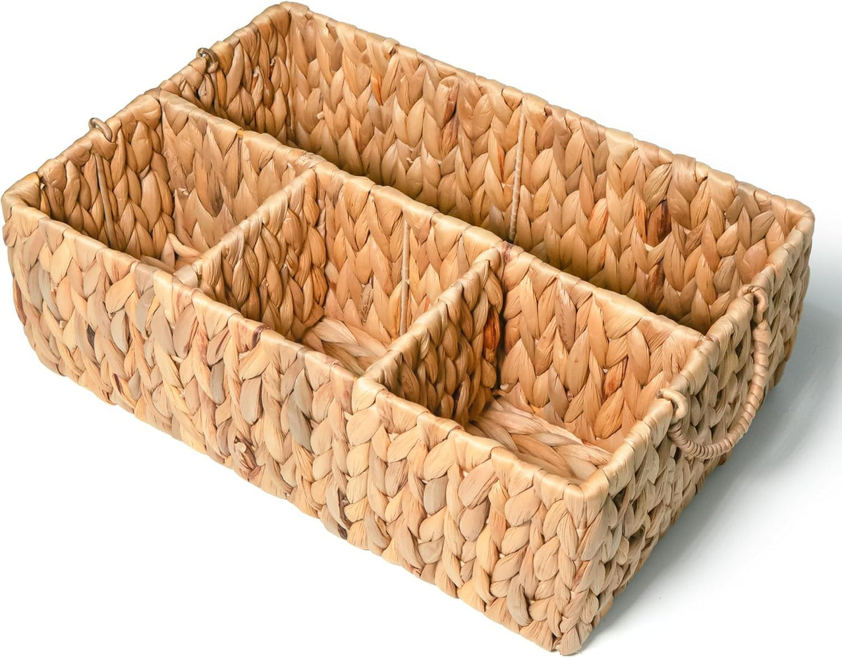 KOKODO Divided Storage Basket Woven Natural Basket Hyacinth for Organizing Bathroom Pantry Shelves Office Supplies Organization Everyday Wicker Storage Baskets 4 Section Rectangular Tray
