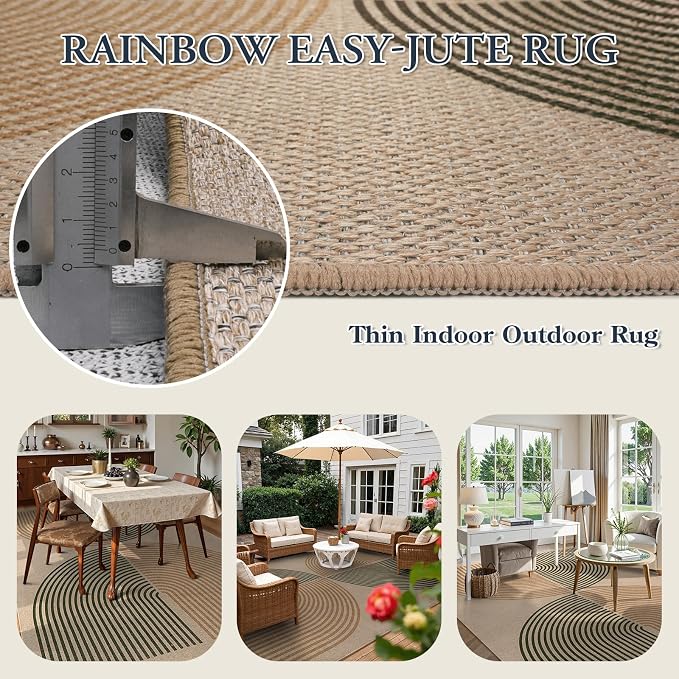 Lahome Enfys Modern Rainbow Easy Jute Rug, 8x10 Living Room Rug Indoor Outdoor