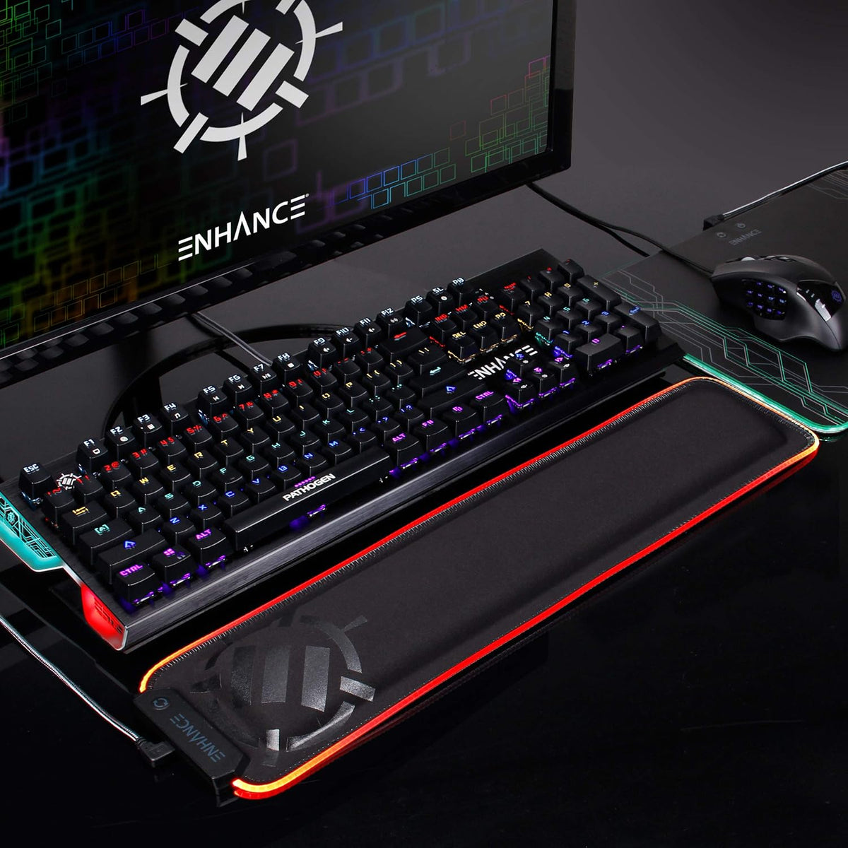Enhance LED Wrist Rest with Soft Memory Foam Support for Full Size Keyboards - Wrist Rest Pad with 7 Illuminated Colors, 3 Color Modes, Smart Control, Non-Slip Base - Thick 1" Padding
