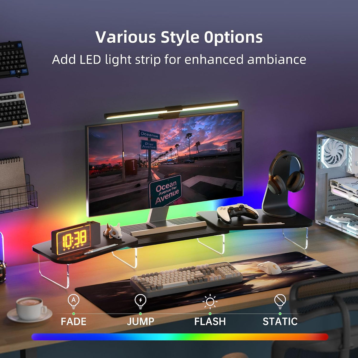 AFOOYO LED Dual Monitor Stand Riser for 2 Monitors,Office Desktop Wooden Stand Adjustable Length and Angle 3 Shelf,Extra Long Multifunctional Stand up to 39.3" for Computer,Laptop,TV,Black