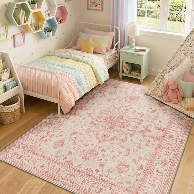 RELEANY Area Rugs 5'x7' Washable Non-Slip, Floral Vintage Distress Medallion