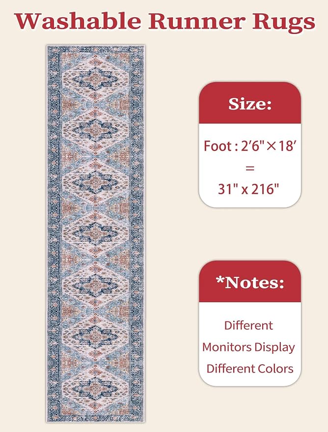 SERISSA Runner Rug for Hallways, Extra Long Boho Rug Ultra Soft Vintage Blue