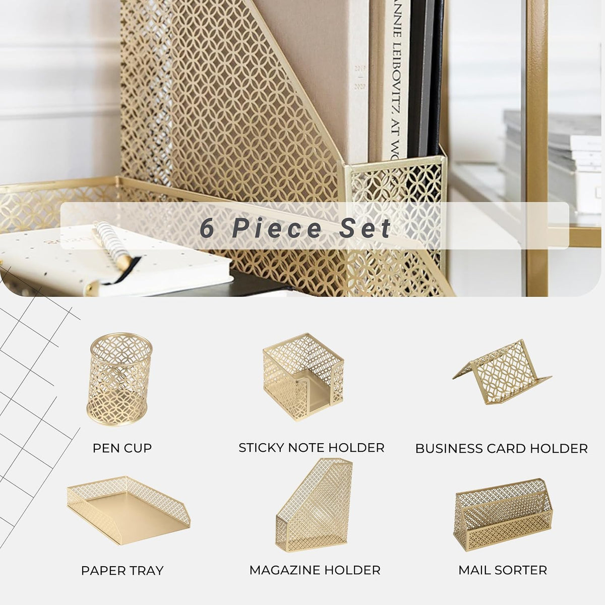 BLU MONACO | Gold Desk Organizer Set with Mail Sorter, Sticky Note Holder, Pen Cup, Magazine Holder, Letter Tray & Business Card Holder | Stylish Desk Accessories for Women & Home Office Décor