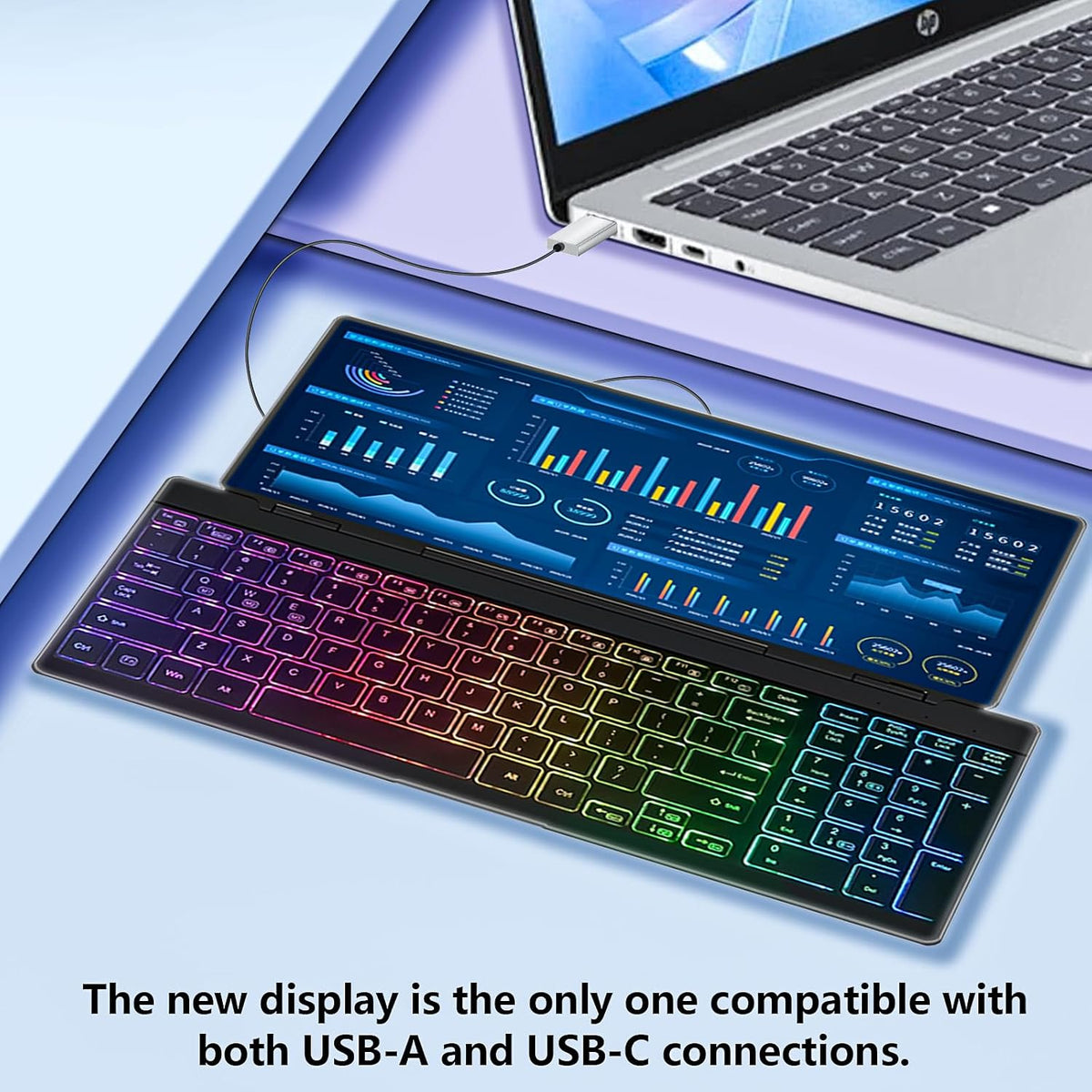 Portable Touchscreen Monitor with Silent Keyboard 12.8" Ultra-Slim Stretched Bar Screen Folding FHD 120% sRGB, USB-A/C Compatible Screen for Computers, Laptops, Mini PCs, Consoles
