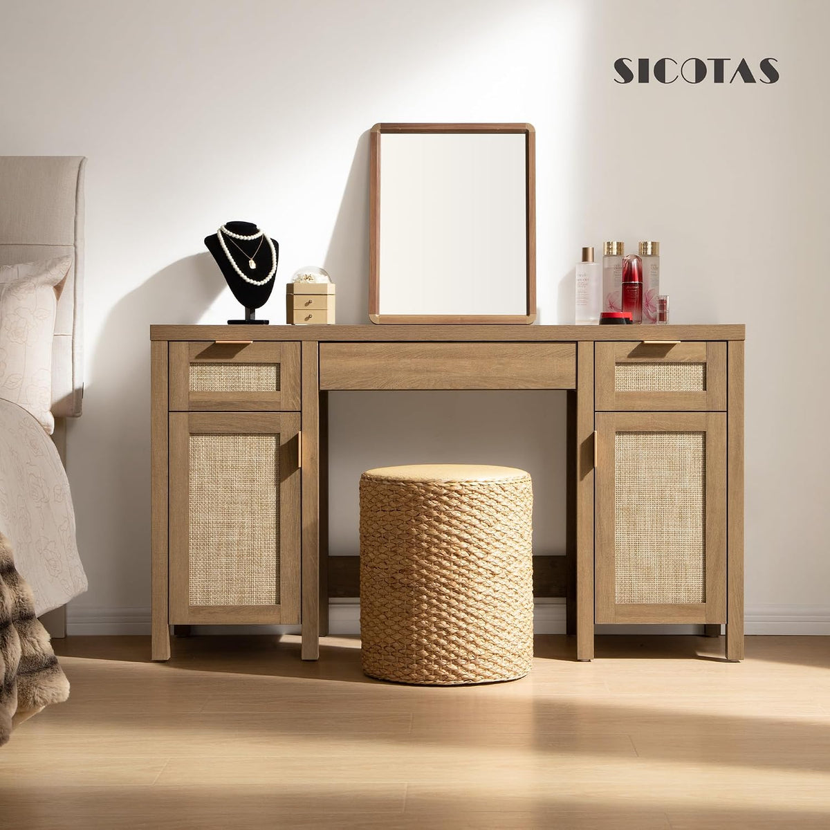 SICOTAS Rattan Vanity Home Office Desk 52" Vanity Table with 3 Drawers