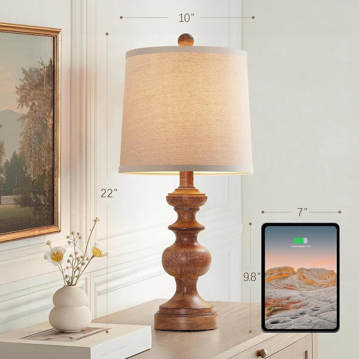 PARTPHONER Farmhouse Table Lamp Set of 2, Rustic Table Lamps for Living Room Bedroom, 22" Mid Century Modern Desk Lamp Bedside Nightstand Lamps with Linen Tapered Drum Shades, Wood Grain