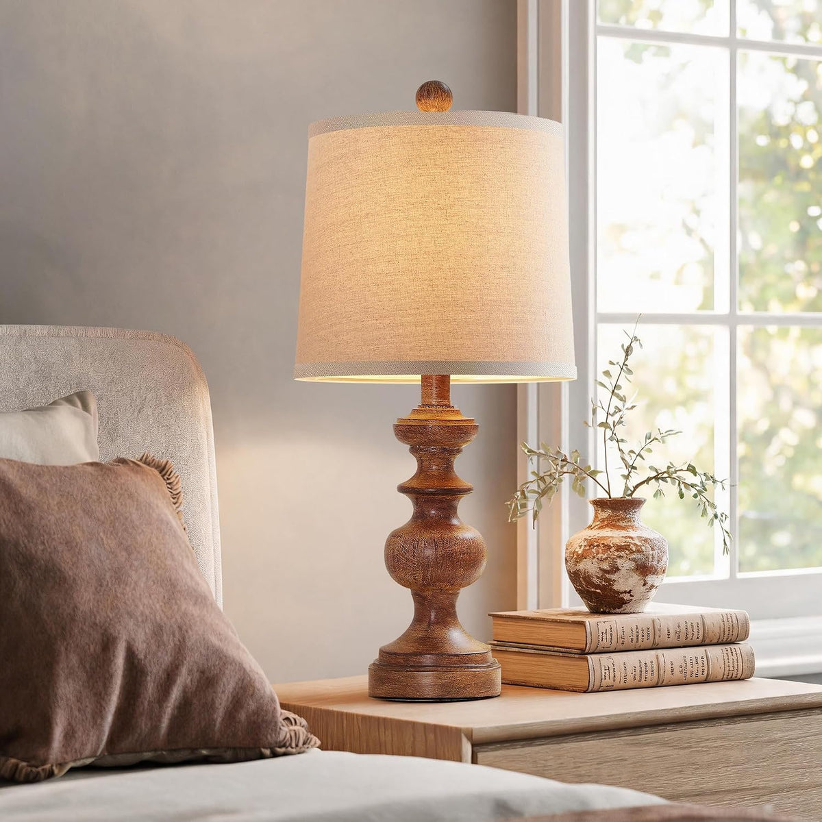 PARTPHONER Farmhouse Table Lamp Set of 2, Rustic Table Lamps for Living Room Bedroom, 22" Mid Century Modern Desk Lamp Bedside Nightstand Lamps with Linen Tapered Drum Shades, Wood Grain