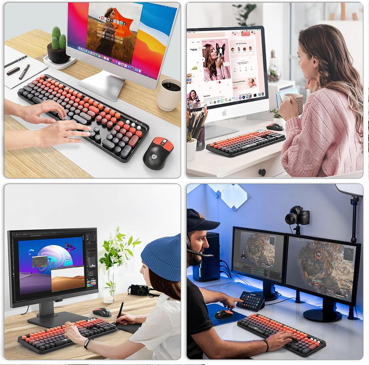 Wireless Keyboard and Mouse Combo,Retro Typewriter Style Round Keys,Orange