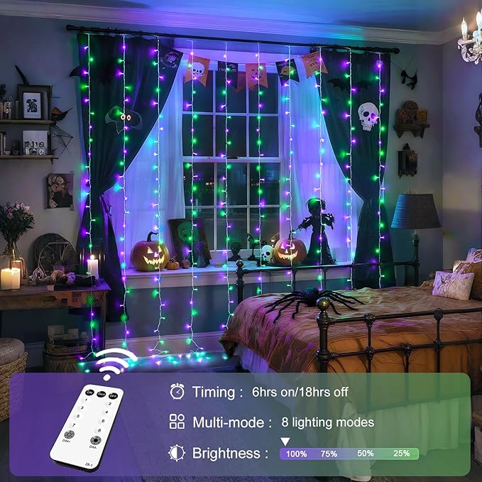 JMEXSUSS 300LED Halloween Curtain Lights with Remote, 9.8x9.8ft Halloween Lights Plug in, Christmas Twinkle Hanging String Light for Bedroom Wall Window Backdrop Indoor Outdoor Decor, Purple and Green