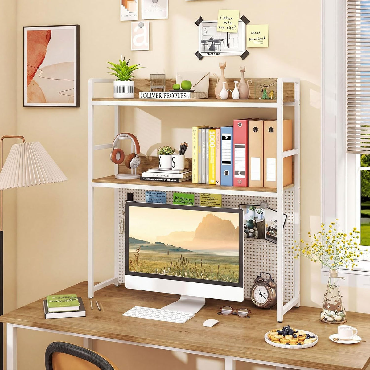 GIANTEX Desktop Bookshelf, 2-Tier Desk Hutch Dorm with Pegboard for up to 32" Computer Monitor, Industrial Countertop Storage Organizer Rack, Desk Shelf for Home Office (Natural)