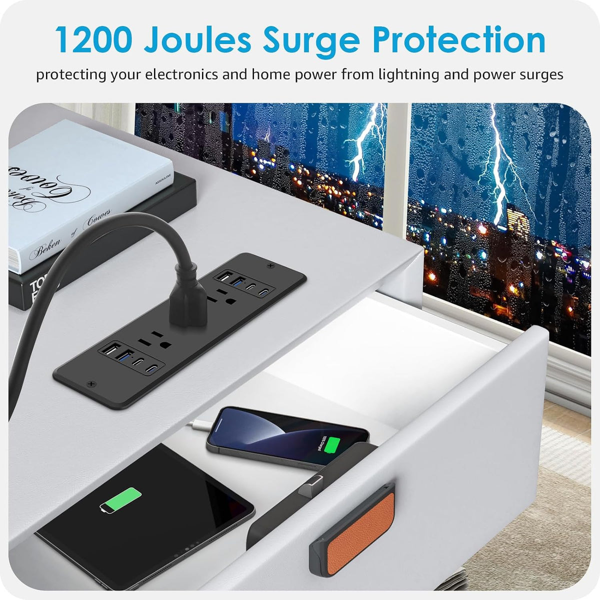 HHSOET 6 Outlets Recessed Power Strip, 20W USB C Ports, Black, 6FT, 1