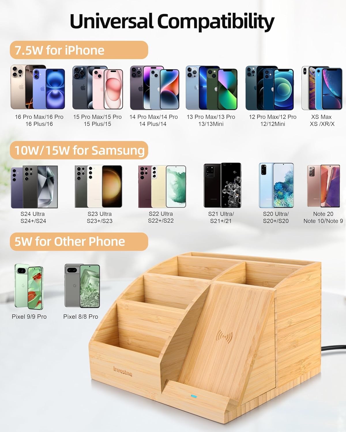 Bamboo Pen Holder with Wireless Charger, Desk Organizer 5 Compartments