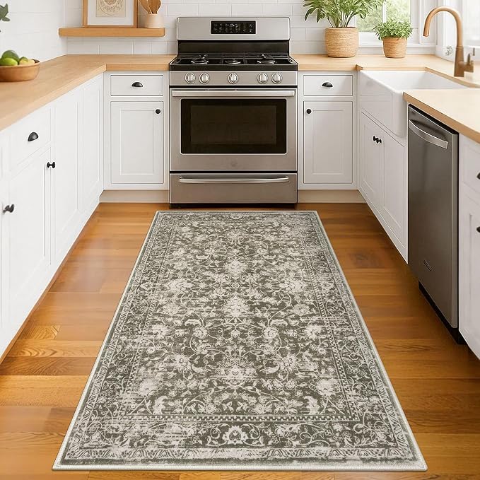 KILOCOCO Area Rug 3x5 Entryway Rug Washable Printed Vintage Floral Rubber
