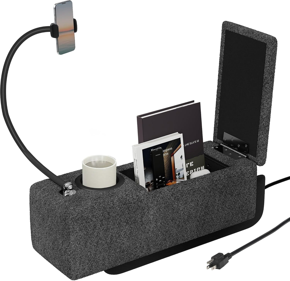 Couch Caddy with Cup Holder, Dark Gray Chenille Armrest Console