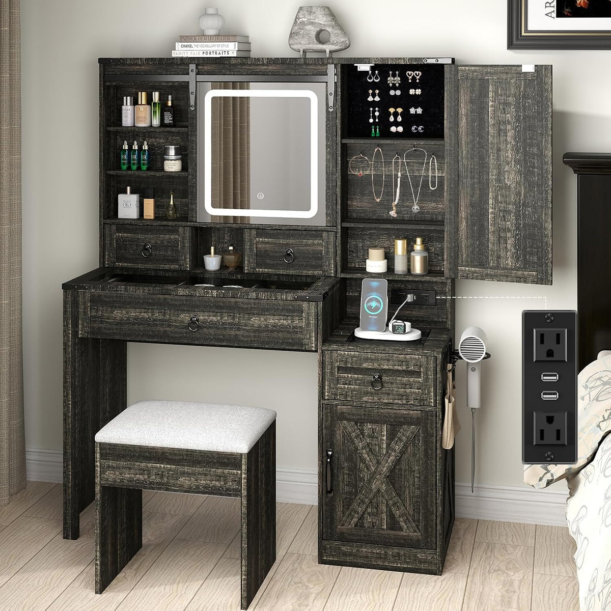 Farmhouse Makeup Vanity Desk with Sliding Mirror and Lights, 42 Wood Vanity Table Set with Glass Top, Power Outlets, Jewelry Storage Cabinet, 4 Drawers, Stool for Country Room Decor, Rustic Black