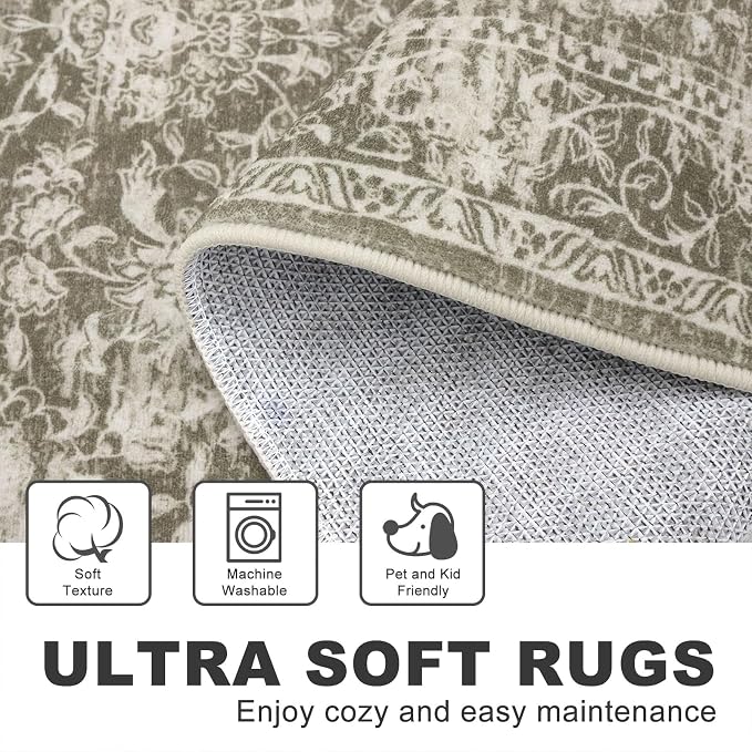 KILOCOCO Area Rug 3x5 Entryway Rug Washable Printed Vintage Floral Rubber