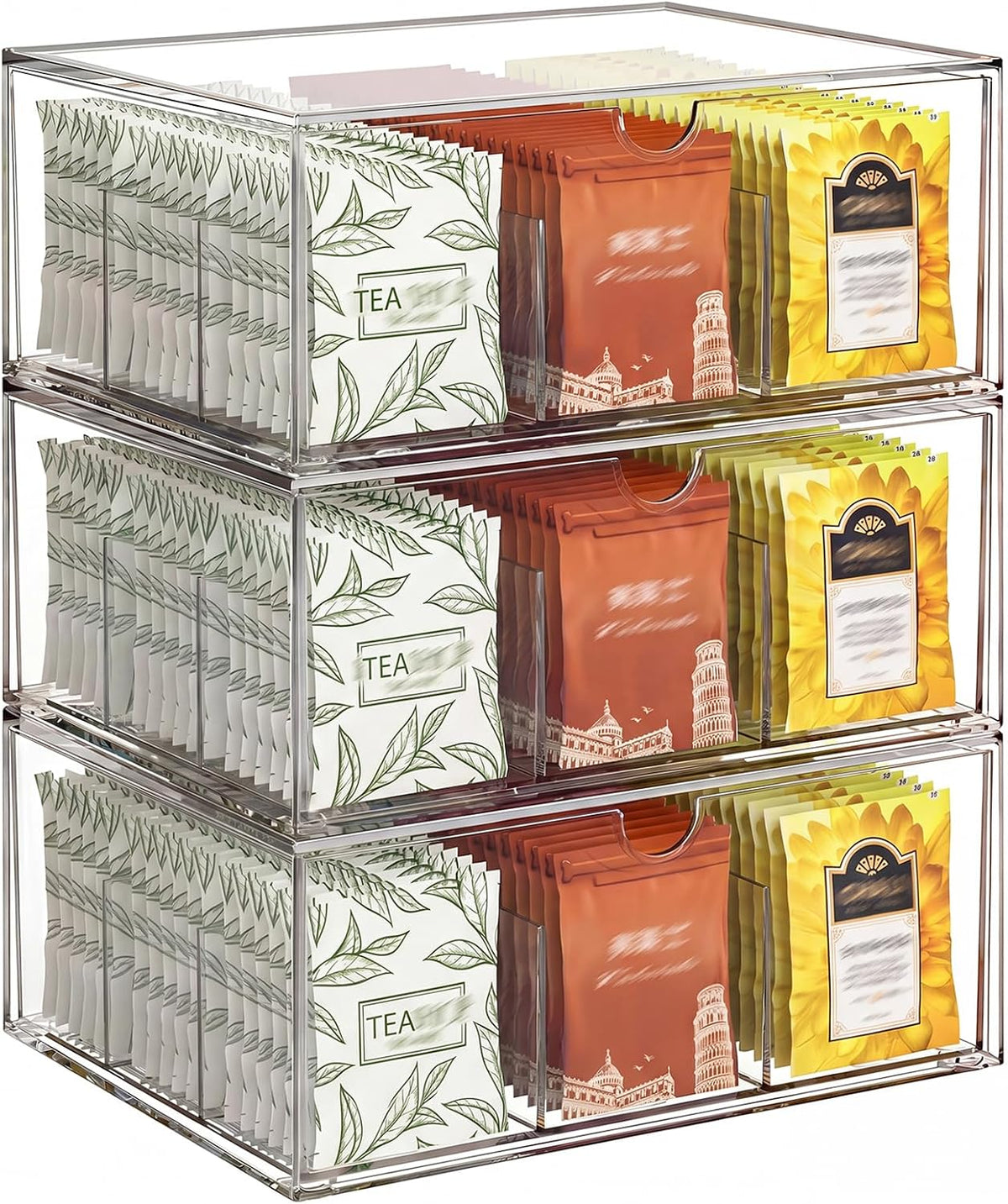 3 Pack Clear Tea Bag Organizer Drawer, Stackable Tea Storage Chest with Dividers for Kitchen, Pantry, Bathroom, Vanity, Countertop – Multi-Purpose Coffee, Cosmetic, Jewelry, Craft Acrylic Storage Bins