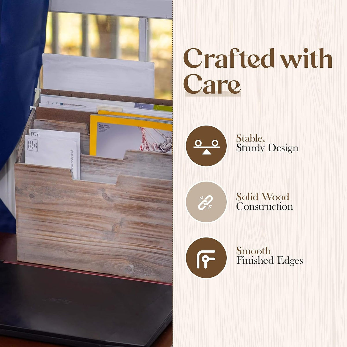 Besti Wooden Desk Organizers for Office & Home Use – 12.8 x 5 x 12 Inch Vintage File Stand – Vertical Desktop File Folder Organizer – Durable File Shelf – Ideal for Files, Folders, Envelopes, Mail