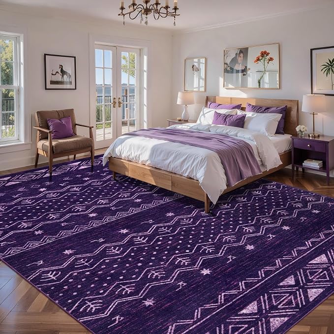 SERISSA 8x10 Area Rugs for Living Room, Washable Non-Slip Purple and White Boho