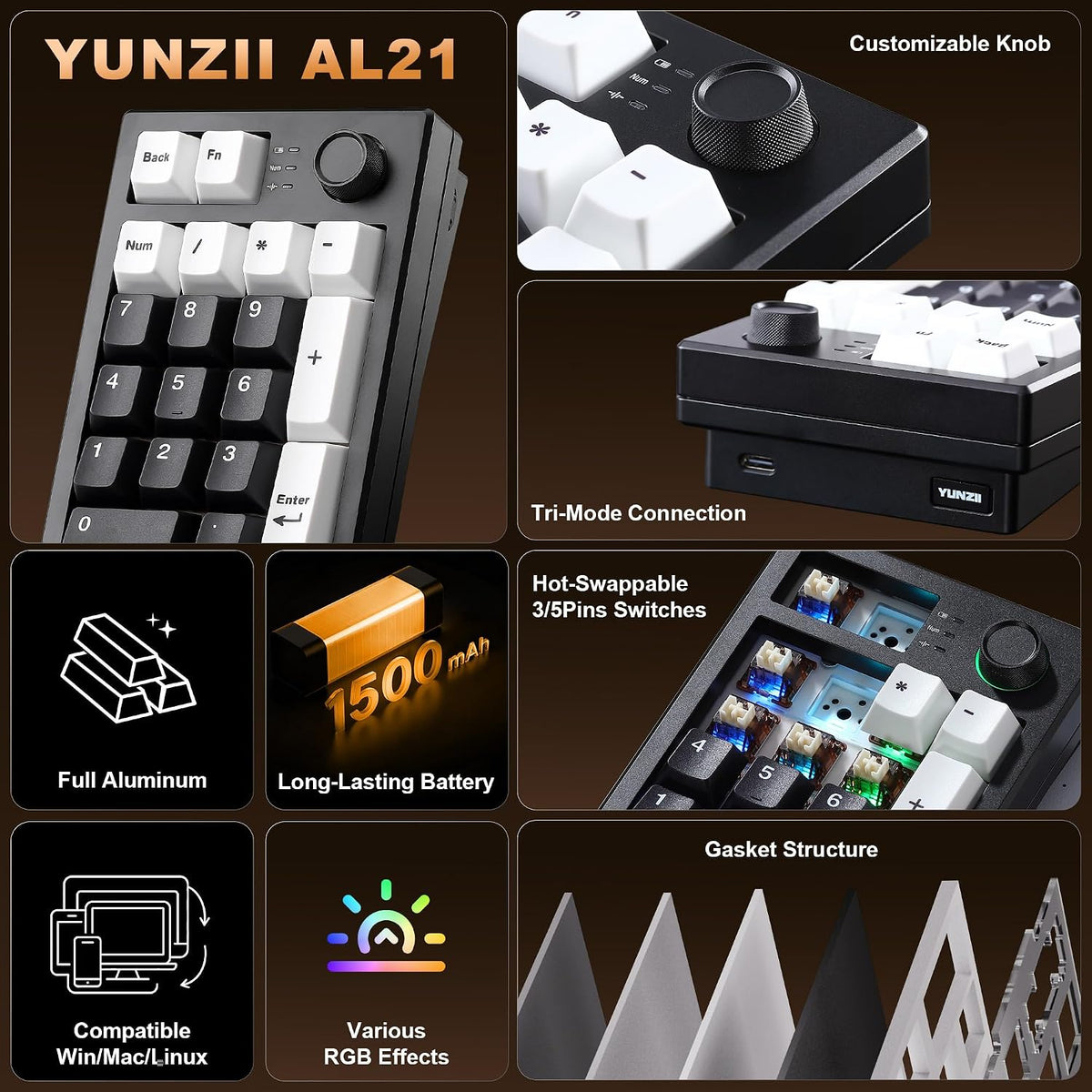 YUNZII AL21 Aluminum Wireless Number Pad (Black, Cocoa Cream V2 Switch)