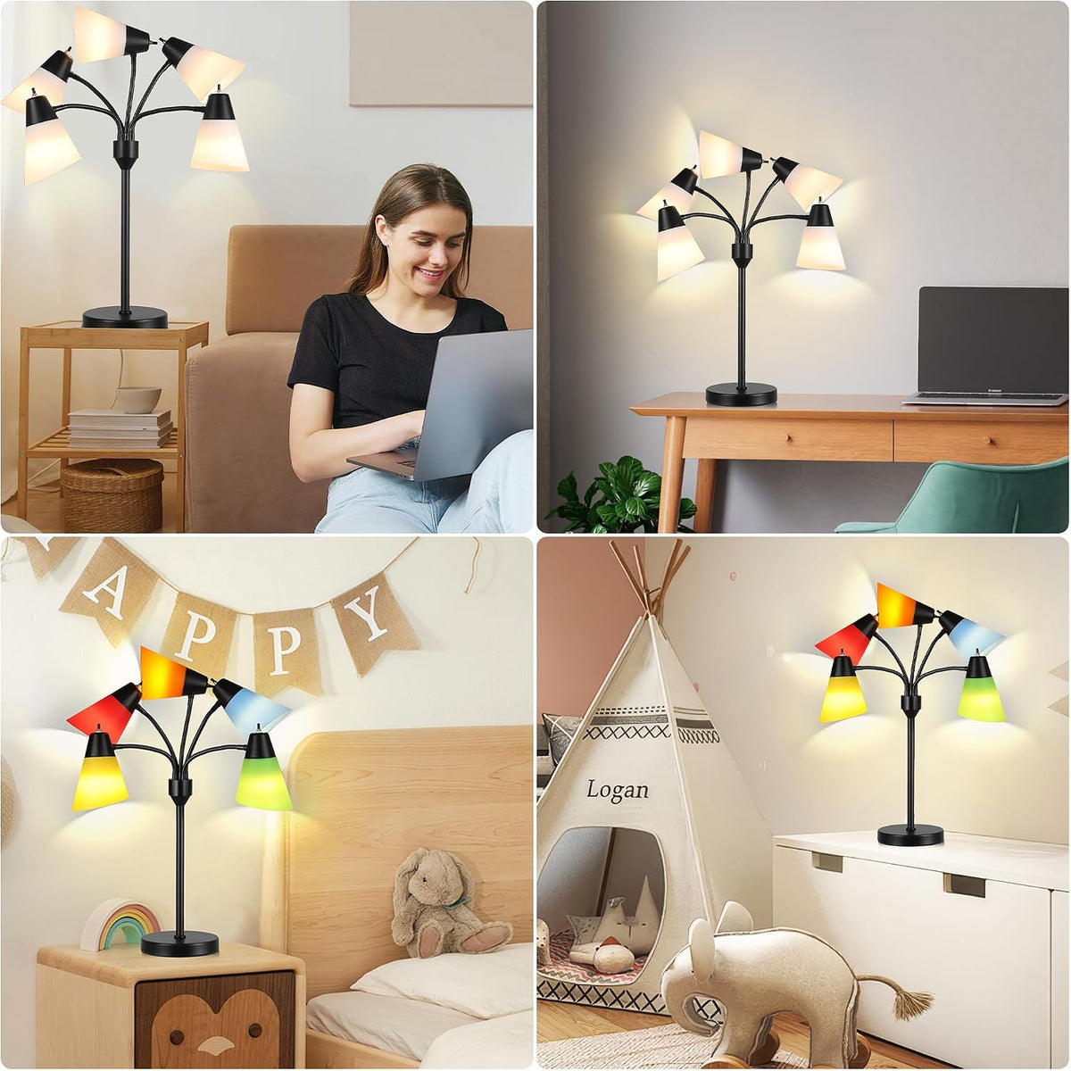 Medusa Bedside Table lamp for Bedroom,Modern Multi Head 5 Shade Lamps, Adjustable Gooseneck Lamp for Night Stands, LED Desk Lamps with Fun Light Multicolored Shades for Livingroom Room,Office(Black)