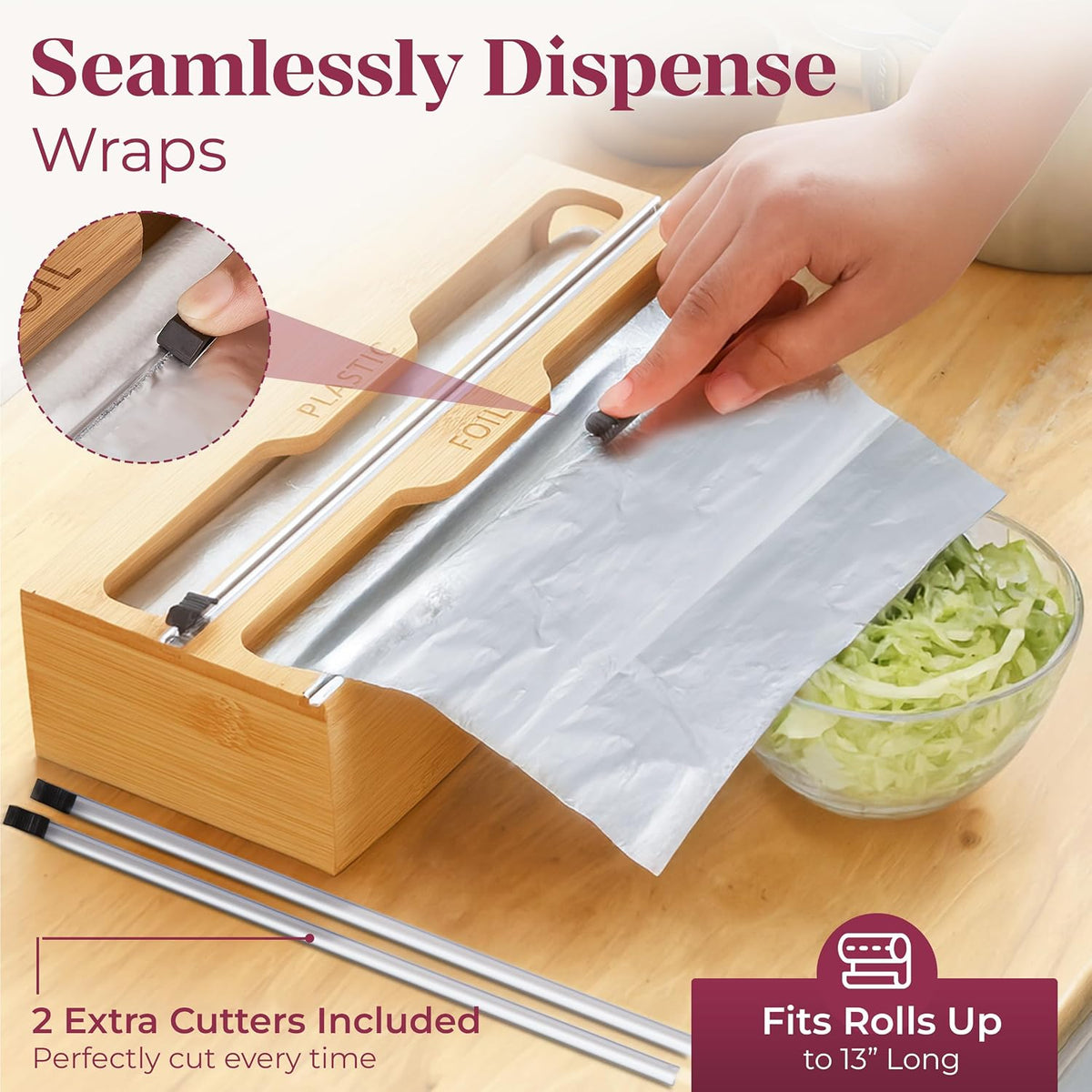 Bamboo Food Storage Bag Organizer for Drawer with Foil & Plastic Wrap Dispenser – Premium Detachable Kitchen Organizer for Gallon, Quart & Sandwich Bags