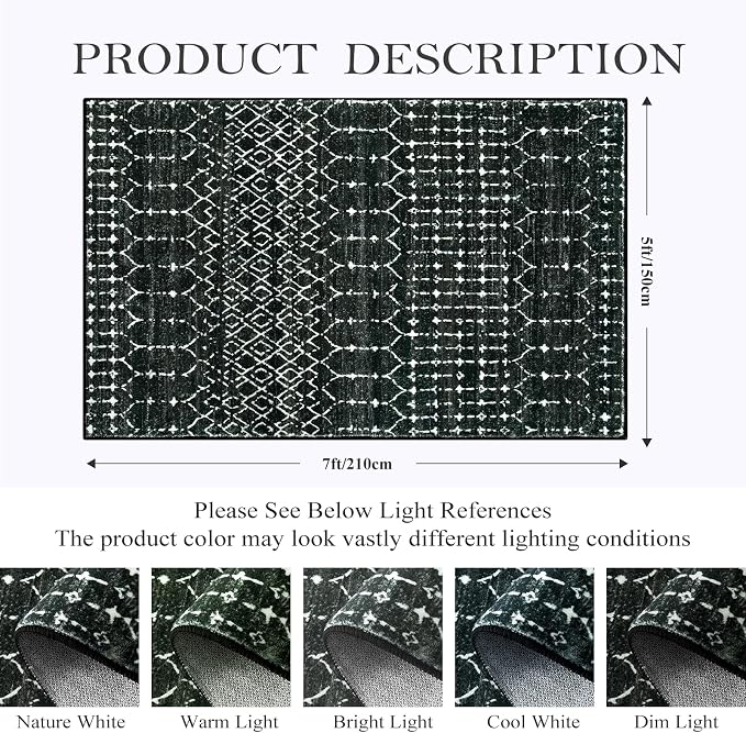 Lahome Moroccan Black Rug for Living Room Washable Area Rug 5x7 Non-Slip