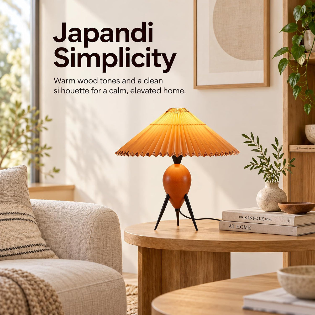 Japandi Zen Table Lamp, Red Solid Wood Tripod Base, Pleated Umbrella Shade