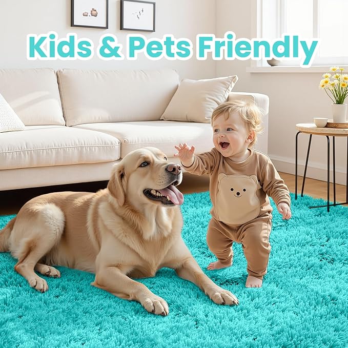 6x9 Area Rugs for Living Room Rug: Soft Fluffy Shag Teal Blue Rugs for Bedroom