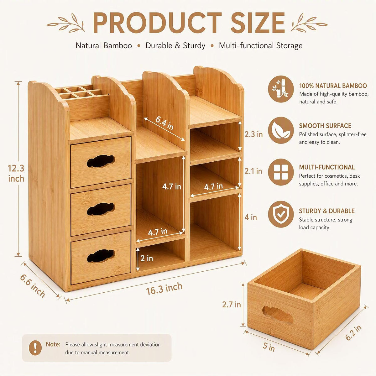 Coloch Bamboo Makeup Organizer with Drawers, Large Cosmetics Storage Shelf for Vanity Countertop Skincare Organizer for Desktop, Skincare, Beauty Supplies, Cosmetics Display, Stationery Storage
