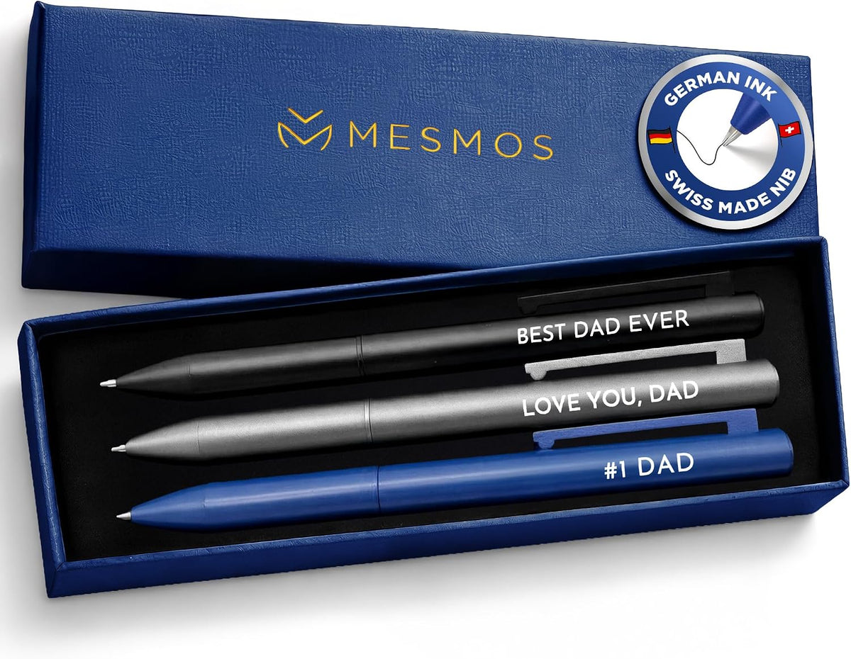 MESMOS Dad Pen Set, Best Ever Birthday Gift for Him from Daughter Son Wife, 3 Engraved Luxury Metal Ballpoint Pens, Cool #1 Dad Gift, Black Ink, Smooth German-Made Writing