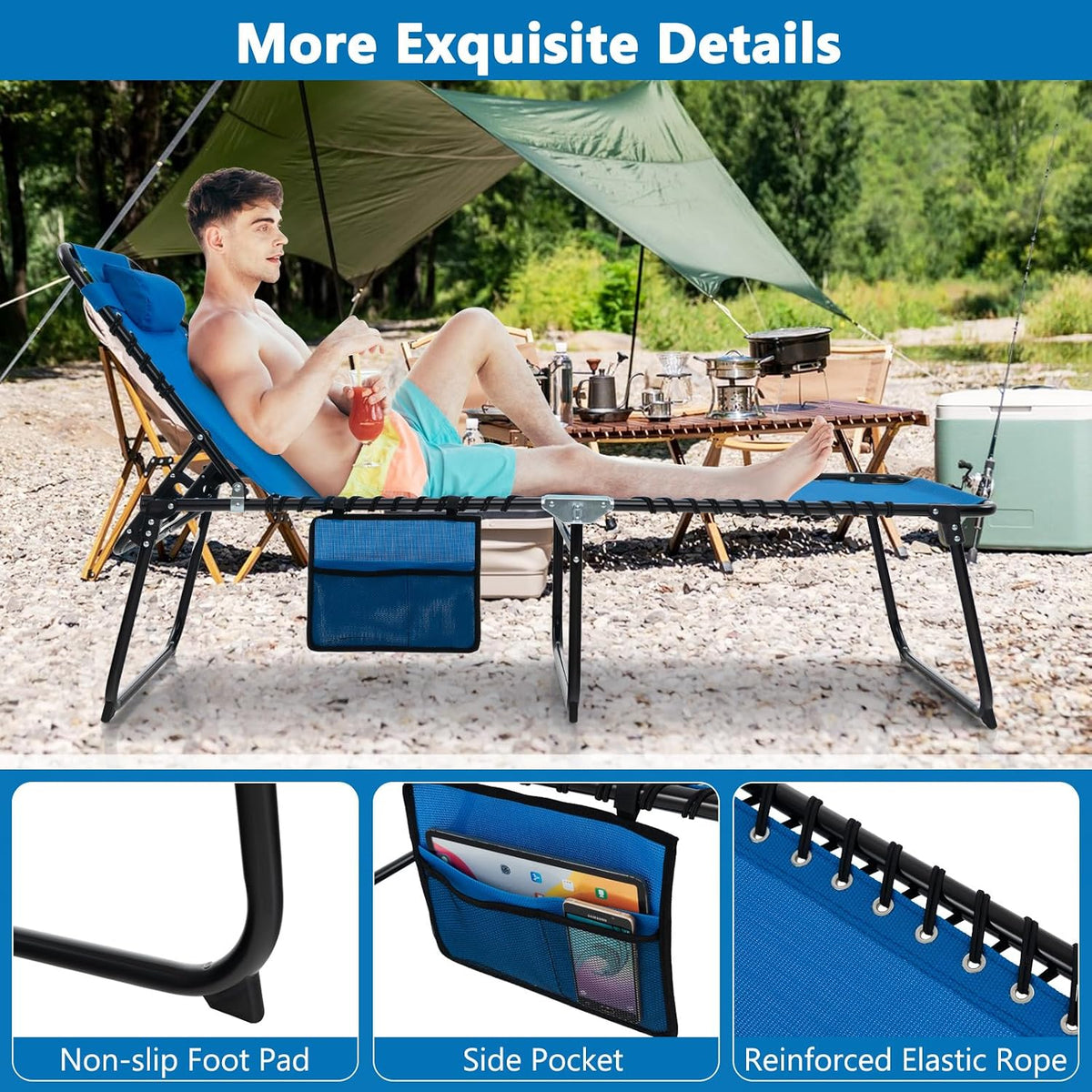 S AFSTAR Outdoor Lounge Chair, Folding Patio Chaise Lounge with 4-Positions Backrest, Side Pocket & 2-Position Footrest, Portable Sunbathing Beach Chair Outside for Beach Patio Deck (1, Navy)