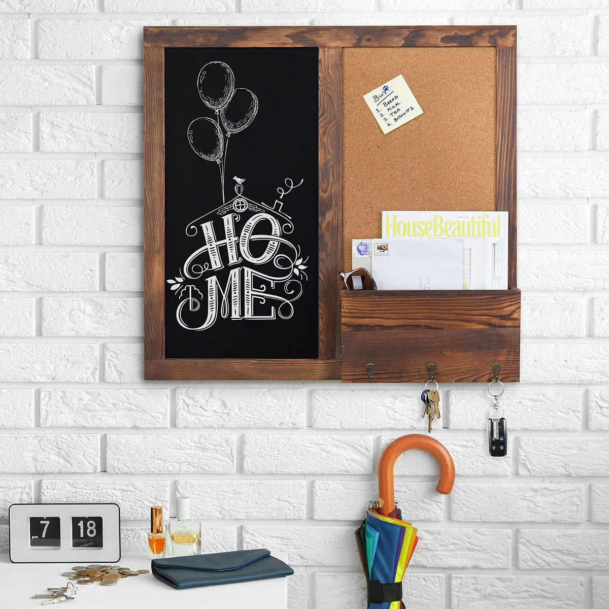 MyGift Rustic Dark Brown Wood Wall-Mounted Chalkboard with Cork Board, Mail Sorter, & Key Hooks