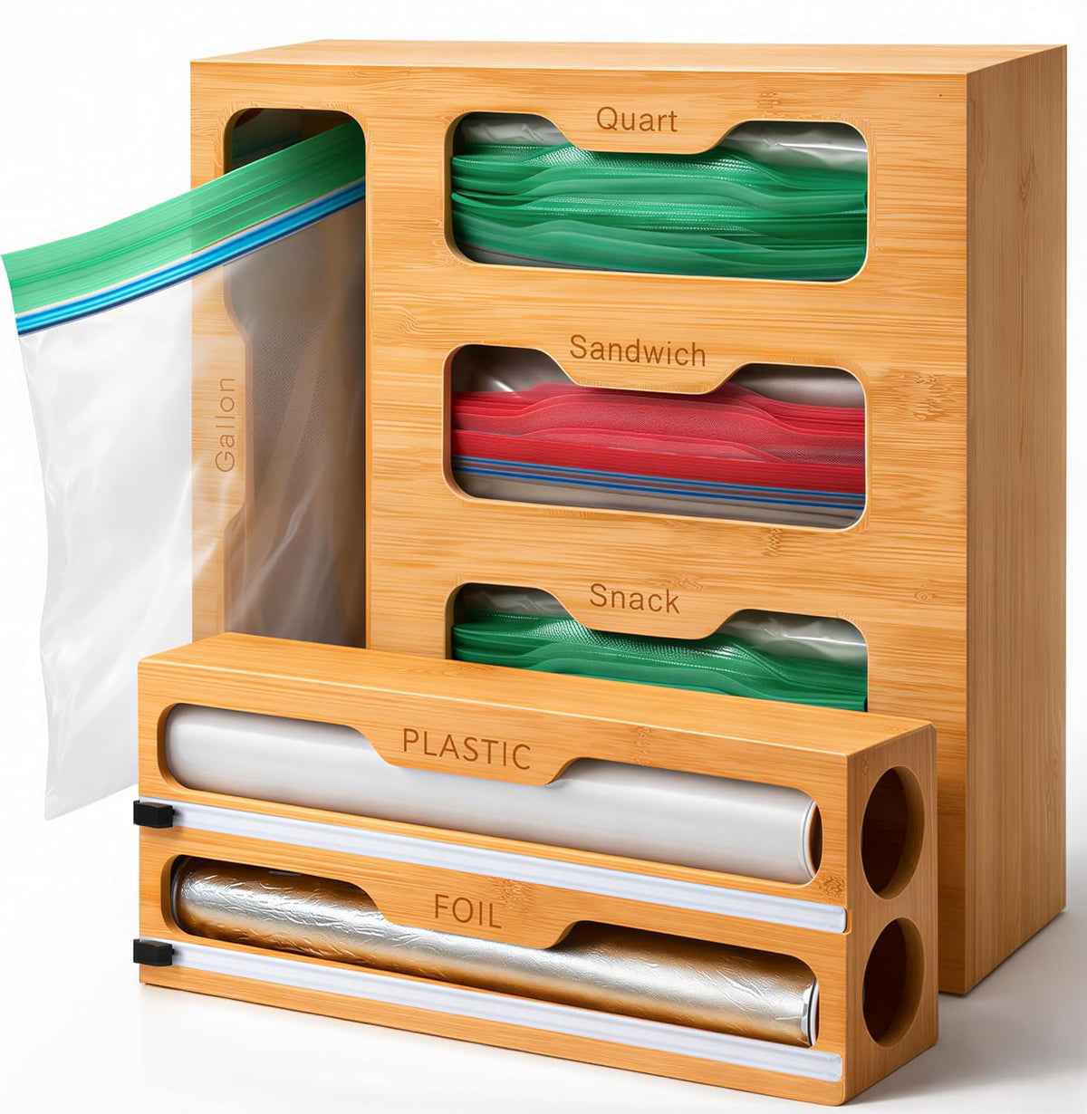 Bamboo Food Storage Bag Organizer for Drawer with Foil & Plastic Wrap Dispenser – Premium Detachable Kitchen Organizer for Gallon, Quart & Sandwich Bags