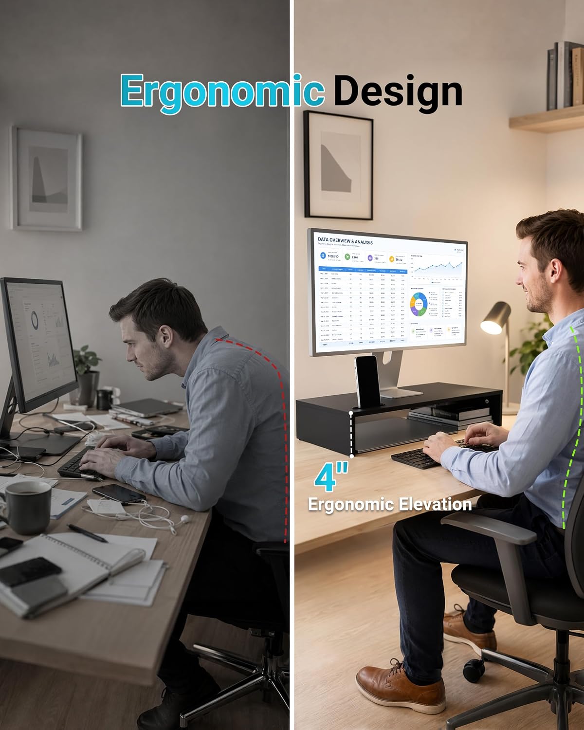1home Ergonomic Monitor Stand Riser, 21.3 Inch Wood Desktop Stand with Cellphone Holder and Cable Management, Black