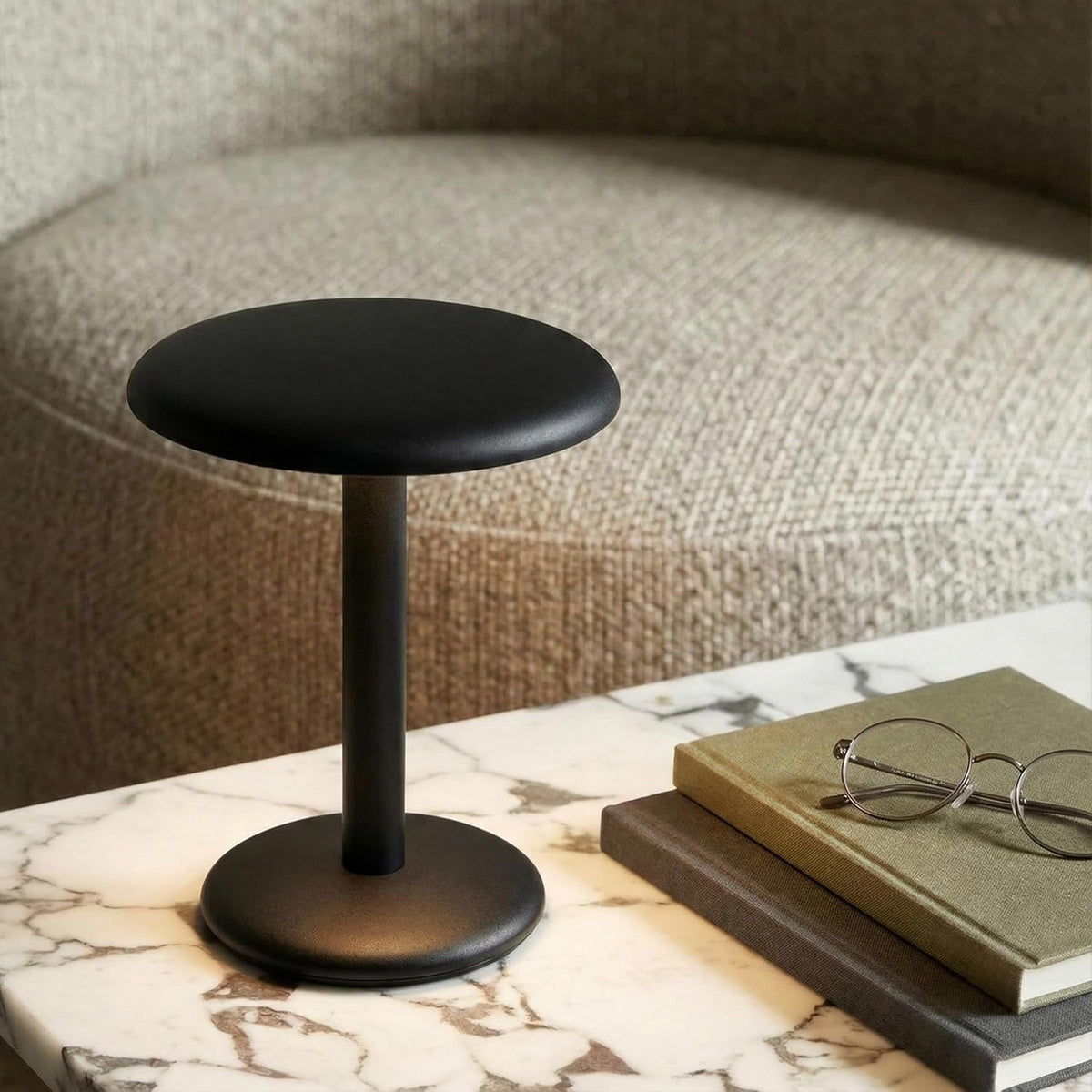 Brightech Zeno Cordless LED Table Lamp - Small 7.5in Touch Dimmable Bedroom, Side Table, End Table, Desk - Modern Rechargeable Portable Bedside, Living Room Light, Great for Outdoor, Camping - Black