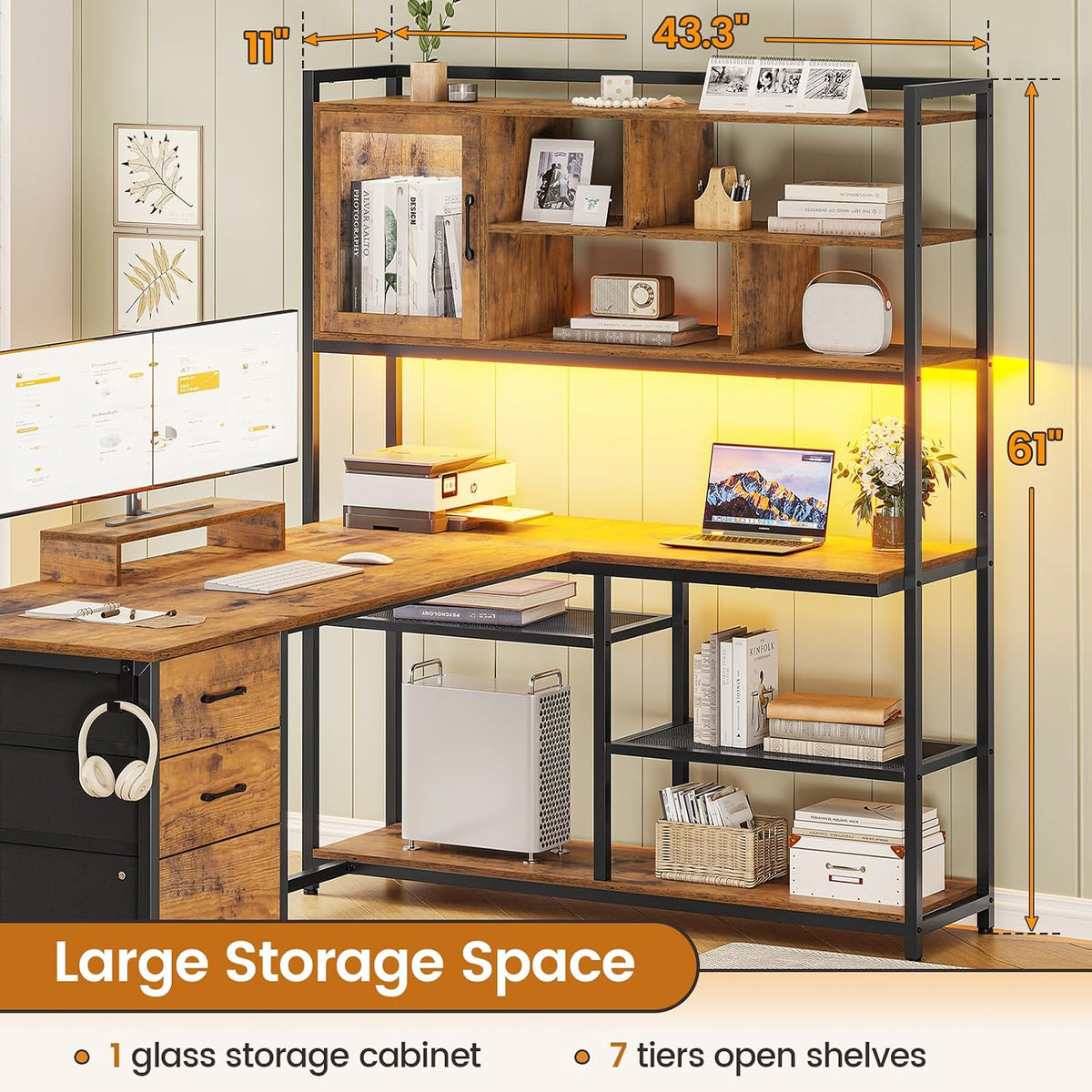 SEDETA 58'' L Shaped Computer Office Desk with 3 Drawers and Bookshelf