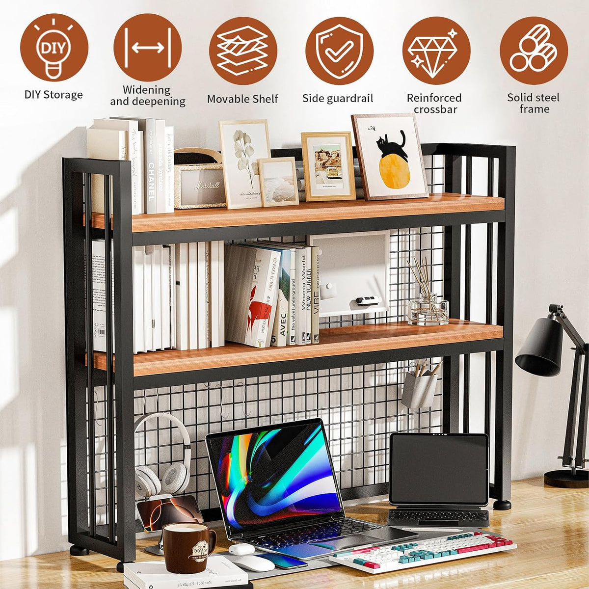 Desktop Hutch Bookshelf Metal Desk Shelf, 2-Tier Storage Display Shelf for Computer Desk, Multifunctional Freestanding Storage Rack Display Shelf for Office, Home Decor, Kitchen (45.2*35*9.44 IN)