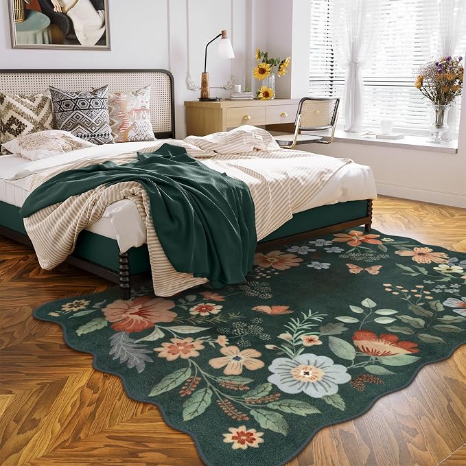 Lahome Floral Washable Living Room Rugs, 5x7 Green Area Rugs