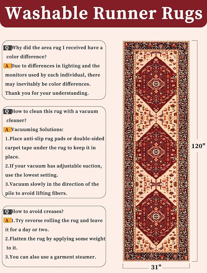 SERISSA Runner Rug for Hallways, Long Boho Rug Vintage Red Black Hallway Stair