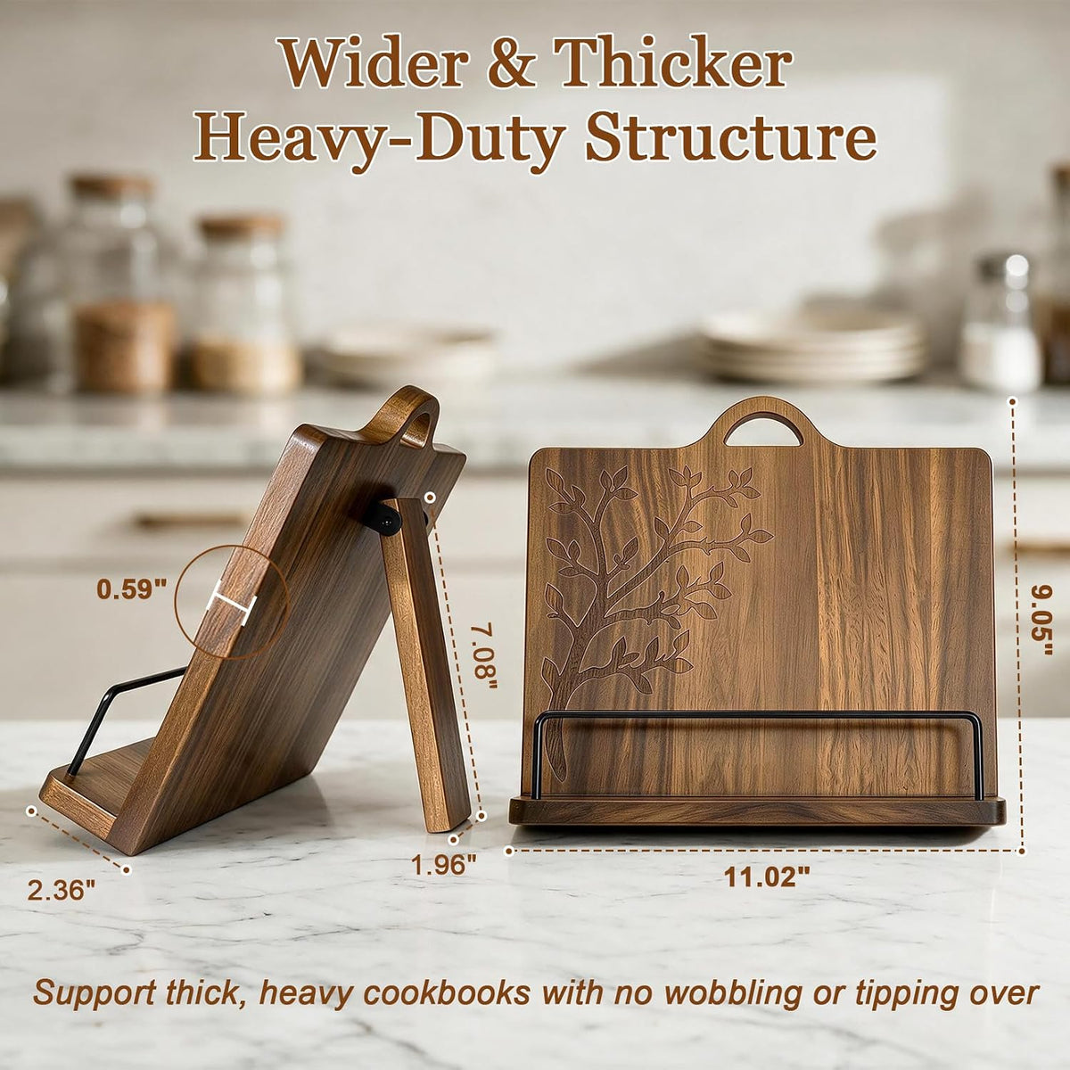 Acacia Wood Cookbook Stand for Kitchen Counter - Wooden Recipe Book Holder