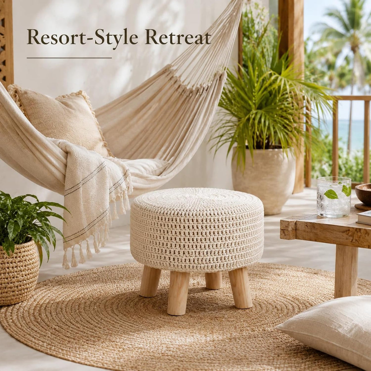13" Round Handmade Cotton Knitted Boho Small Ottoman with Non-Skid Wood Leg